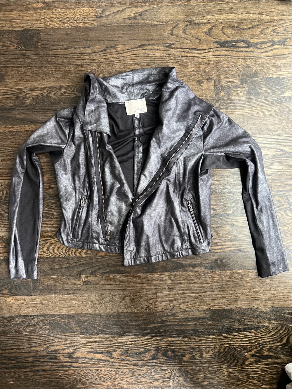 Rohm Women’s Metallic Charcoal Black Moto Jacket Ultra Soft Faux Vegan Leather M